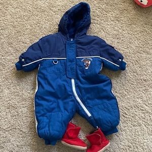Baby snowsuit and red soft boots - 12 months